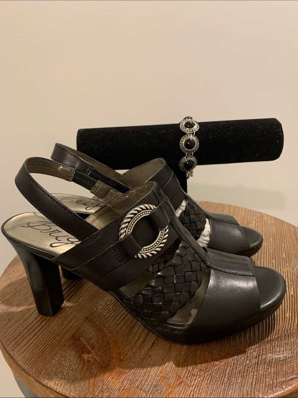 Brighton Black Braided Slingback Heels with Silver Buckle with bracelet.